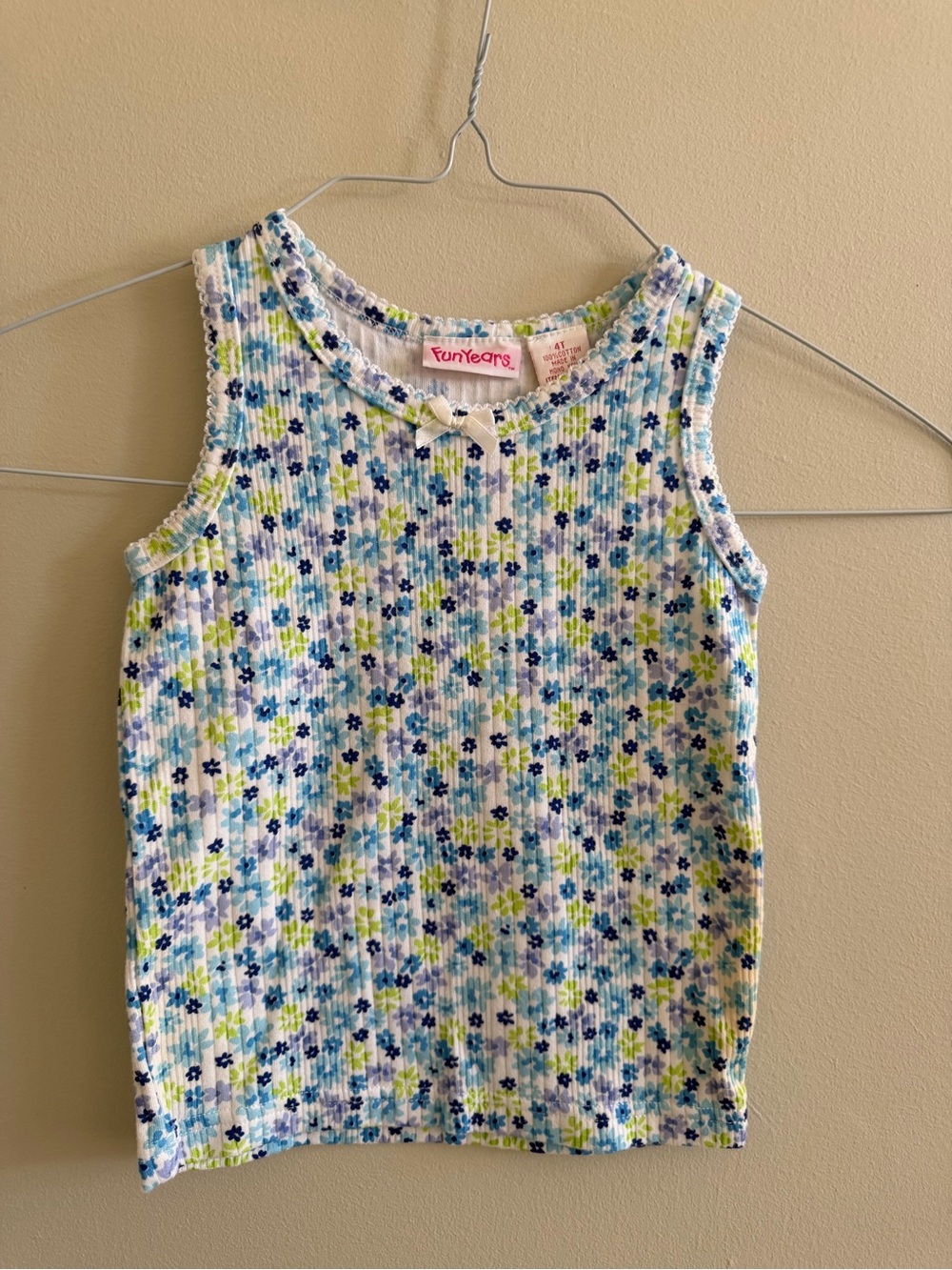 Girls' Floral Ribbed Tank Top - White with Blue & Green Flowers